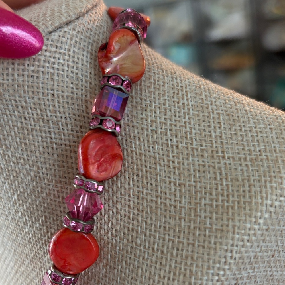 Elegant Pink and Orange Stone Floral Necklace 9” - Picture 8 of 9